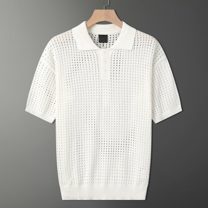 Stylish men's white knit polo, short sleeve, versatile for casual fashion or a refined summer look.