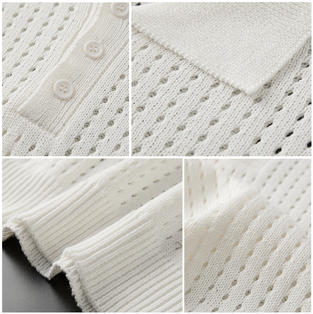 Classic men's white airy knit polo, slim fit, short sleeve, a versatile essential for men's summer clothing.