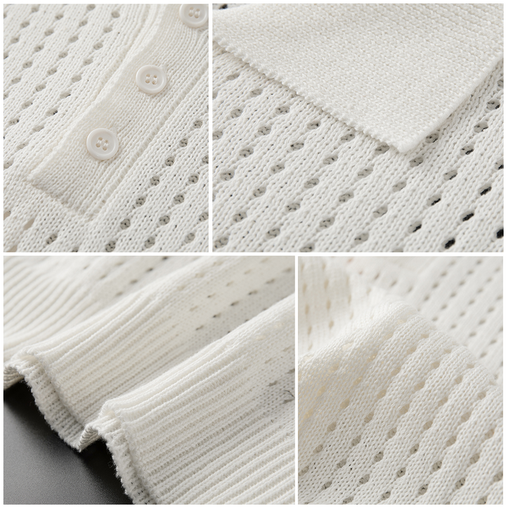 Classic men's white airy knit polo, slim fit, short sleeve, a versatile essential for men's summer clothing.