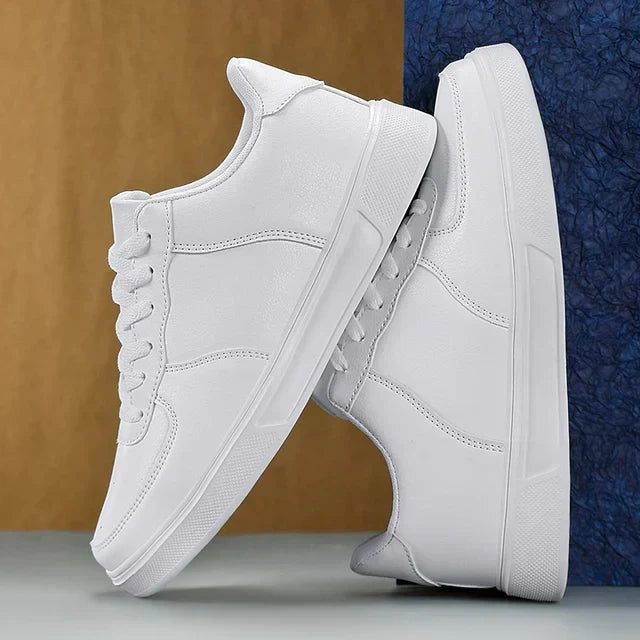 Men's white & black leather lightweight comfort sneakers for all-day support & walking. Ideal casual everyday footwear.