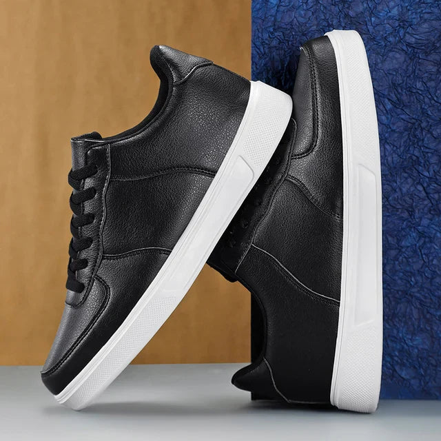 Supportive men's white & black athletic sneakers, lightweight for comfort & posture support. Great for walking & daily wear.