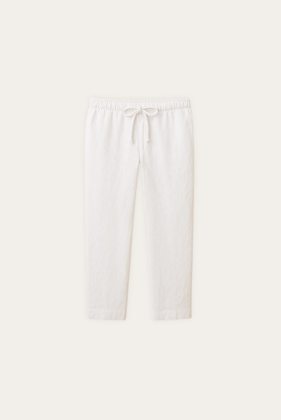 Men's white tapered fit linen trousers for summer. Modern, lightweight, ankle-length for casual everyday wear.