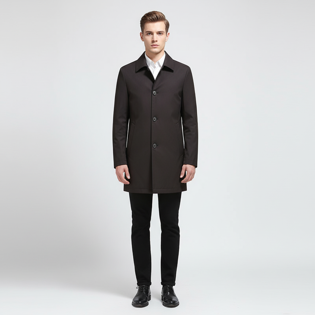 Back view of the men's windproof autumn long jacket, showcasing its long length and casual fit