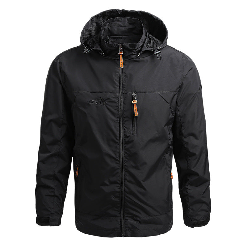 Men's windproof, waterproof softshell jacket for outdoor adventures. All-weather protective outerwear.