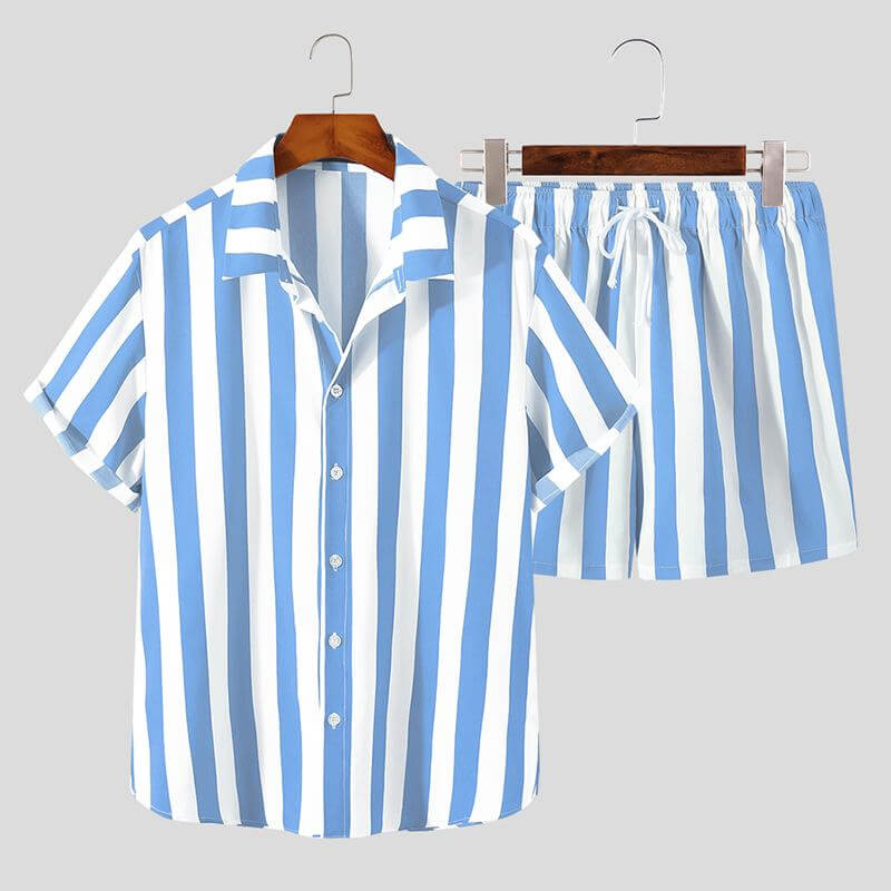 Yellow and white striped two-piece summer set for men, featuring a short-sleeve shirt and matching shorts