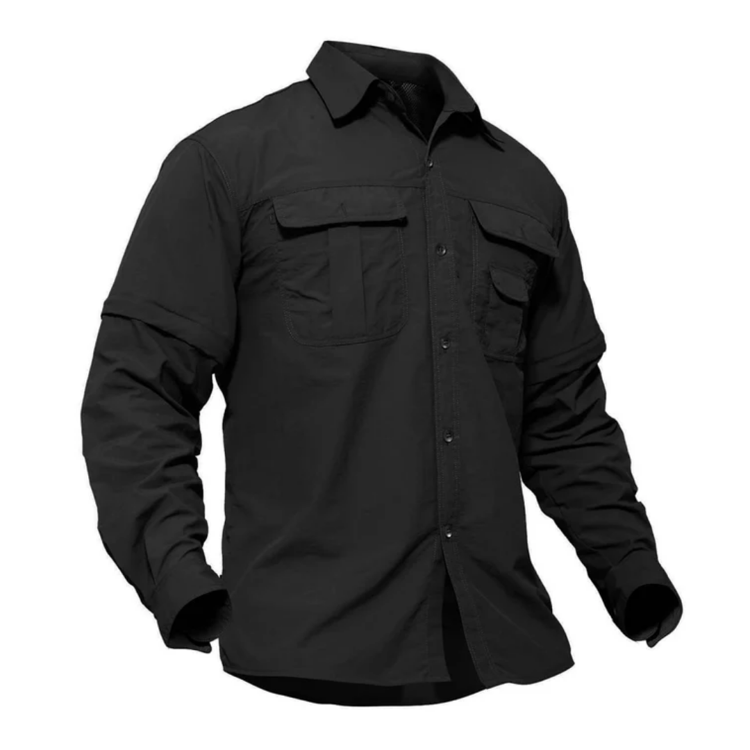 Lightweight men's zip-off travel shirt. Quick-dry, sun protective & versatile for hiking and outdoor adventures.