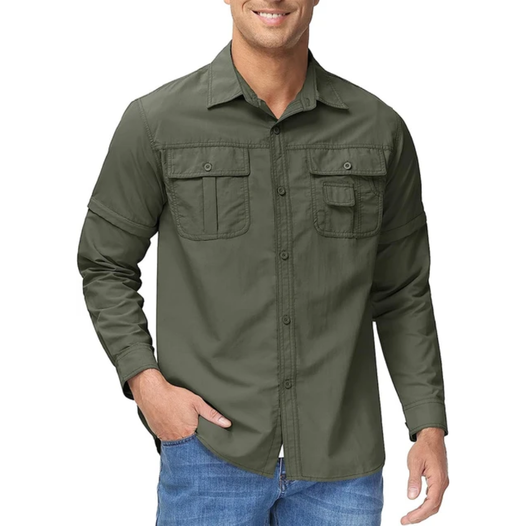Men's convertible long sleeve hiking shirt with zip-off sleeves. Quick-dry for versatile outdoor adventure.