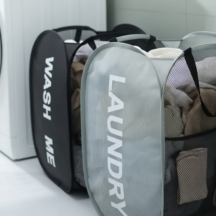 MeshCarry collapsible mesh laundry hamper in a dorm room setting, ideal for student storage and organization.