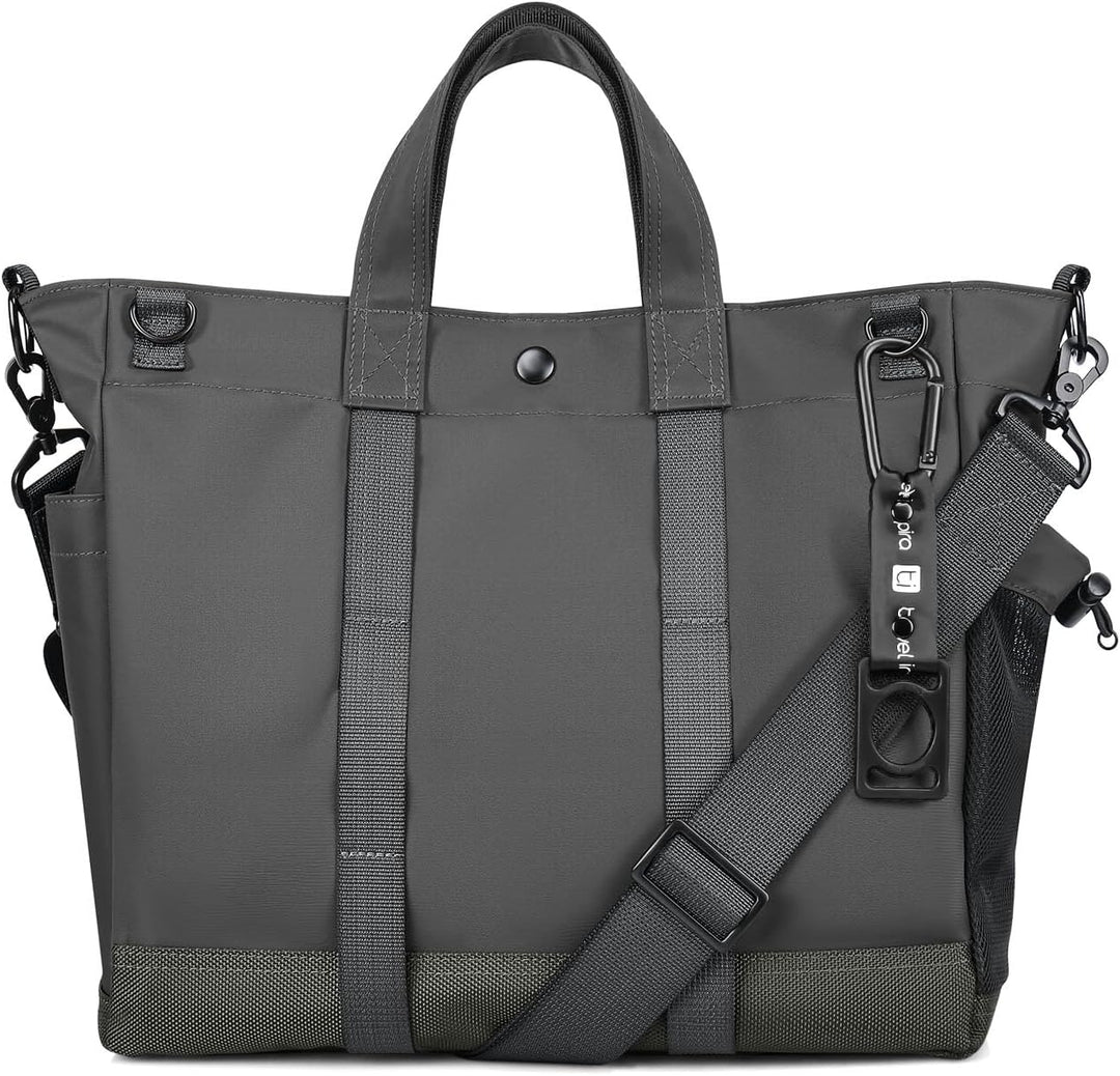 MetroCarry Unisex Laptop Tote Bag, black nylon with multiple compartments, ideal for work and travel.