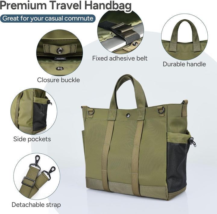 Detail of the MetroCarry tote bag's adjustable strap and secure zipper closure for laptops and essentials.