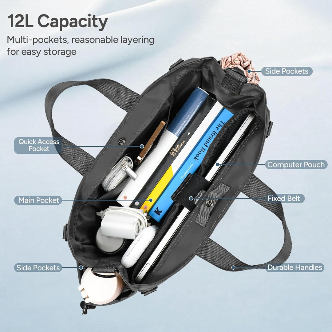 MetroCarry travel-friendly laptop tote bag, unisex design in black nylon, with a comfortable adjustable strap.