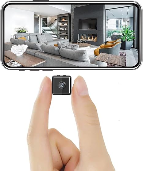 Mini 1080P WiFi home security camera with night vision and motion detection for indoor/outdoor surveillance.