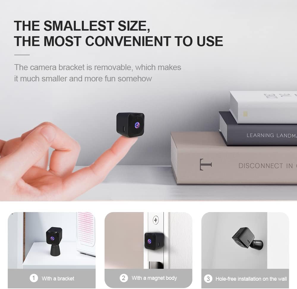 Compact 4K WiFi indoor security camera, night vision, hidden spy cam for home surveillance.