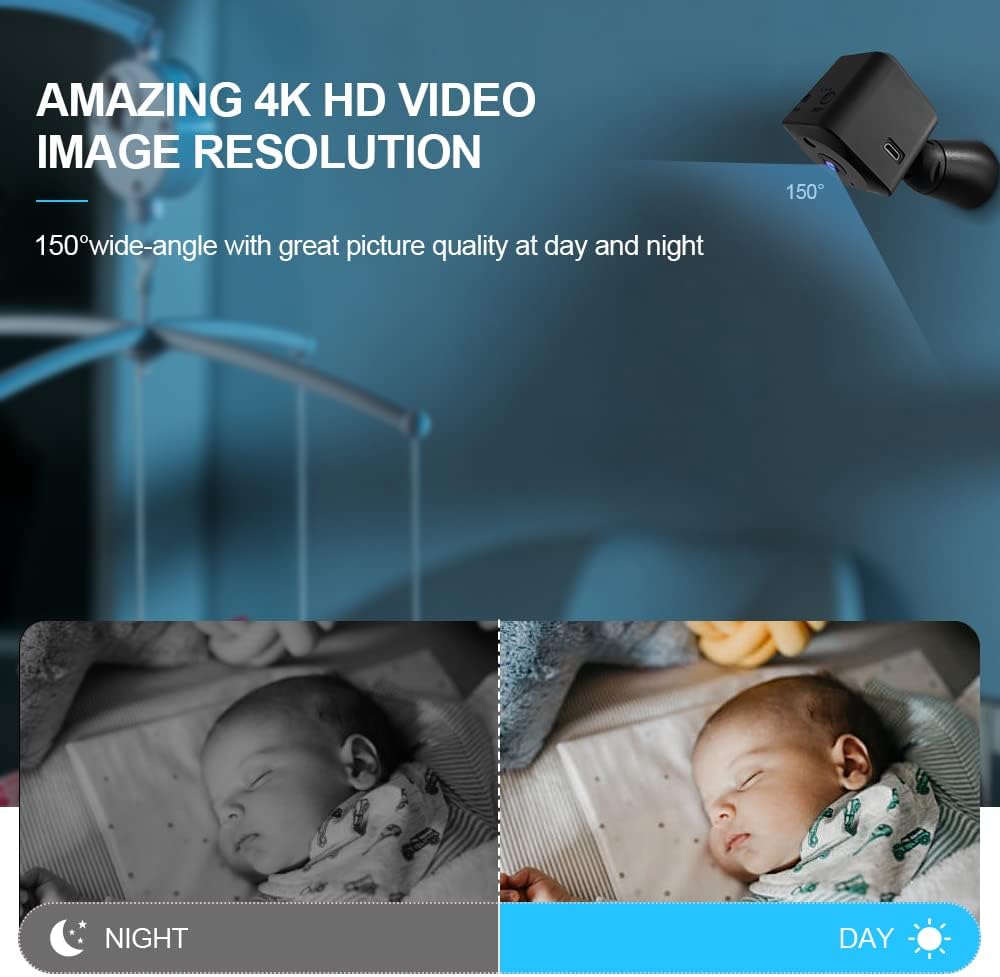 Small 4K security camera with WiFi and night vision, ideal for hidden indoor surveillance.