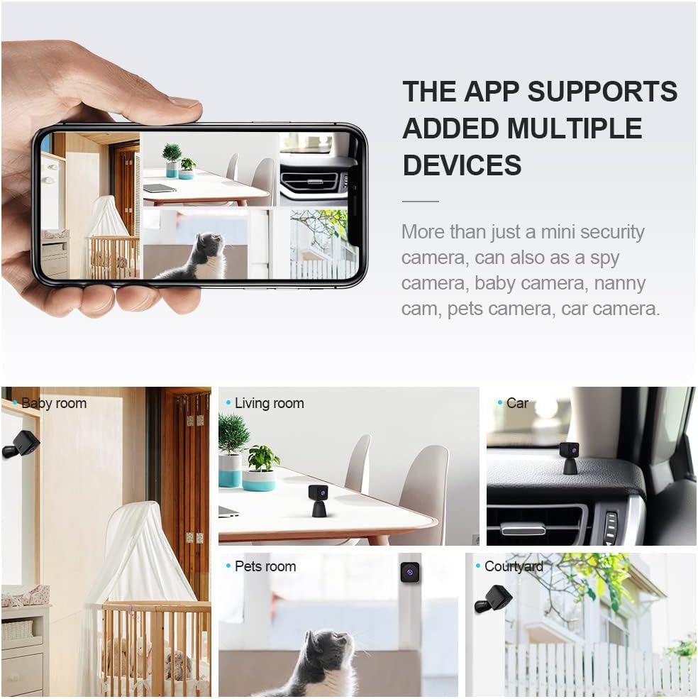 Miniature 4K WiFi security camera with night vision displayed on a shelf for indoor monitoring.