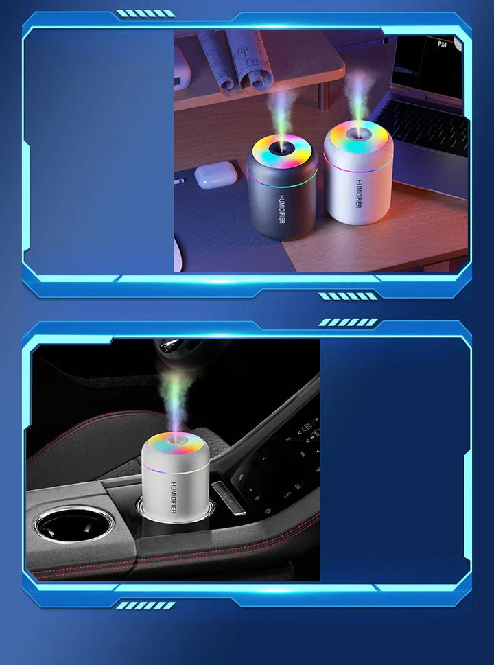 Close-up of portable USB humidifier mist output, aromatherapy function, wellness product