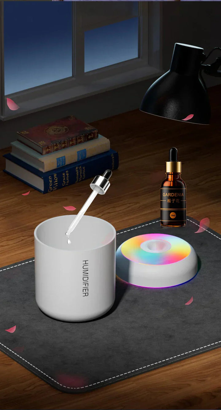 Mini humidifier with aromatherapy diffused in a modern bedroom setting, promoting relaxation