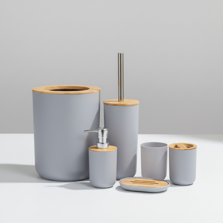 Sustainable bamboo 6-piece bathroom set, ideal for organizing and enhancing home decor.