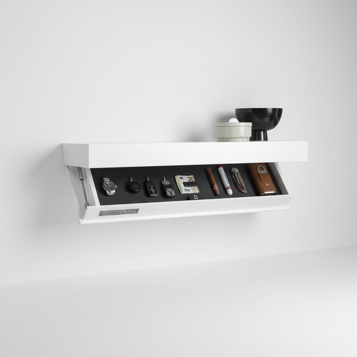 White space-saving wall shelf with hidden compartment, ideal for minimalist decor.
