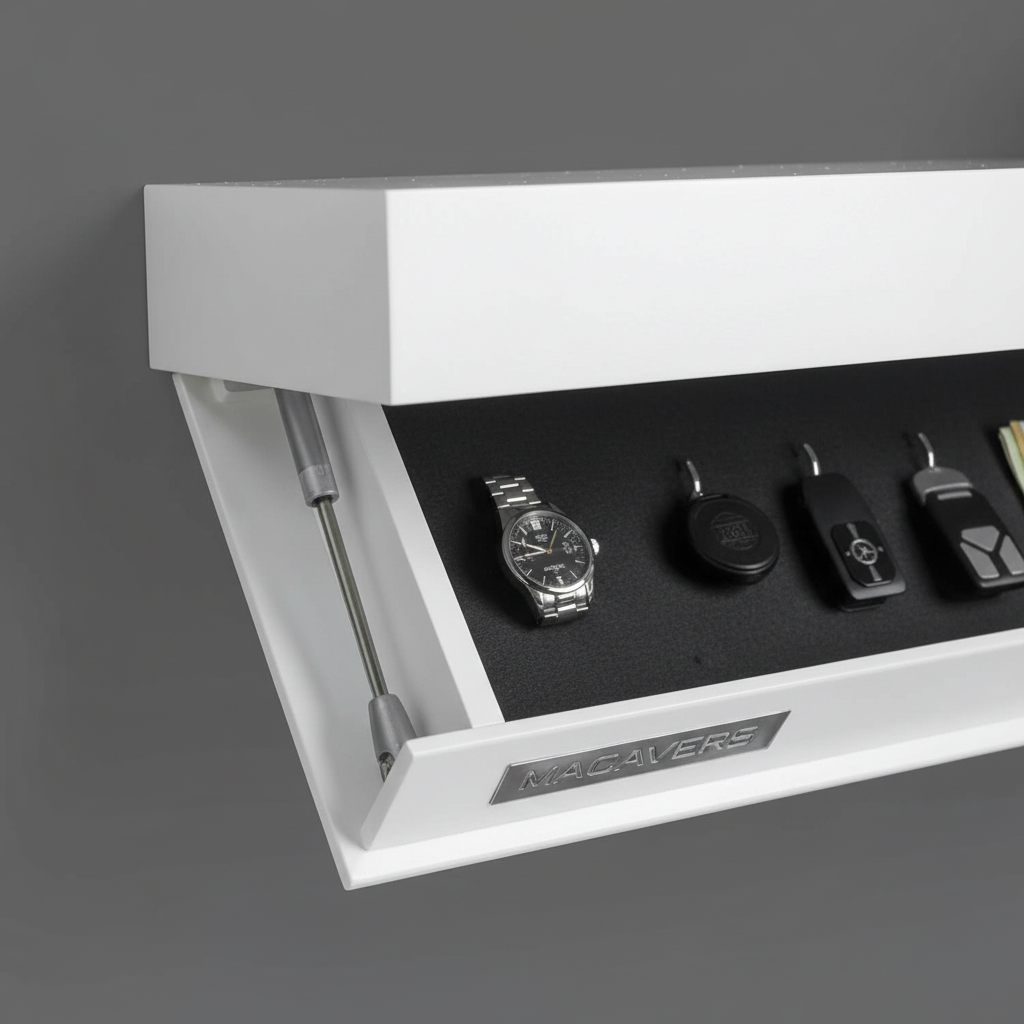 Modern wood floating shelf, Zweickmäßiges Zweites Wandregal, offering discreet wall storage.