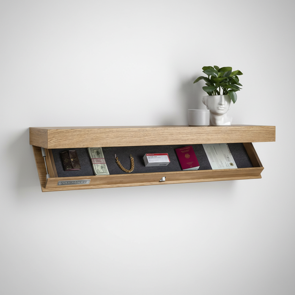 Elegant wood minimalist wall shelf, Zweickmäßiges Zweites Wandregal, with clever hidden storage.