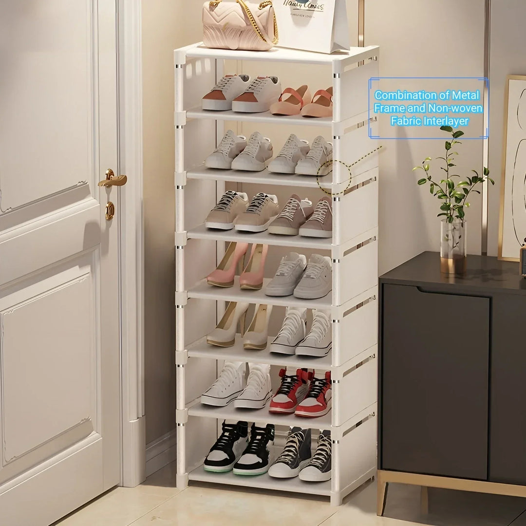 Narrow black metal shoe organizer with 6 tiers for small spaces, tool-free assembly