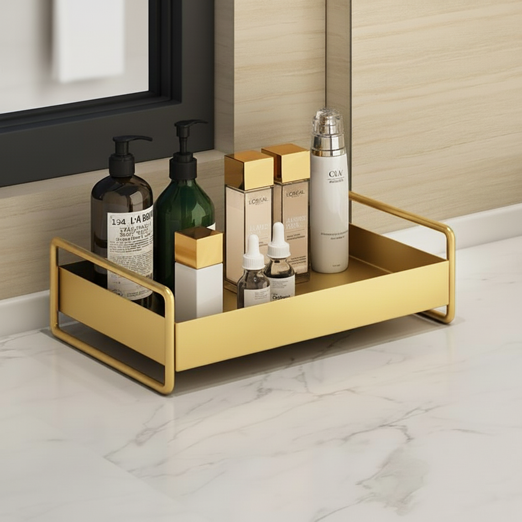Minimalist gold metal desktop organizer tray, modern vanity storage solution