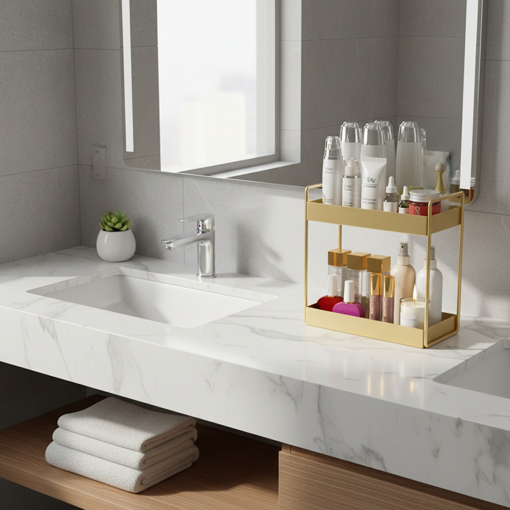 Refined gold metal organizer tray, enhancing any modern home environment