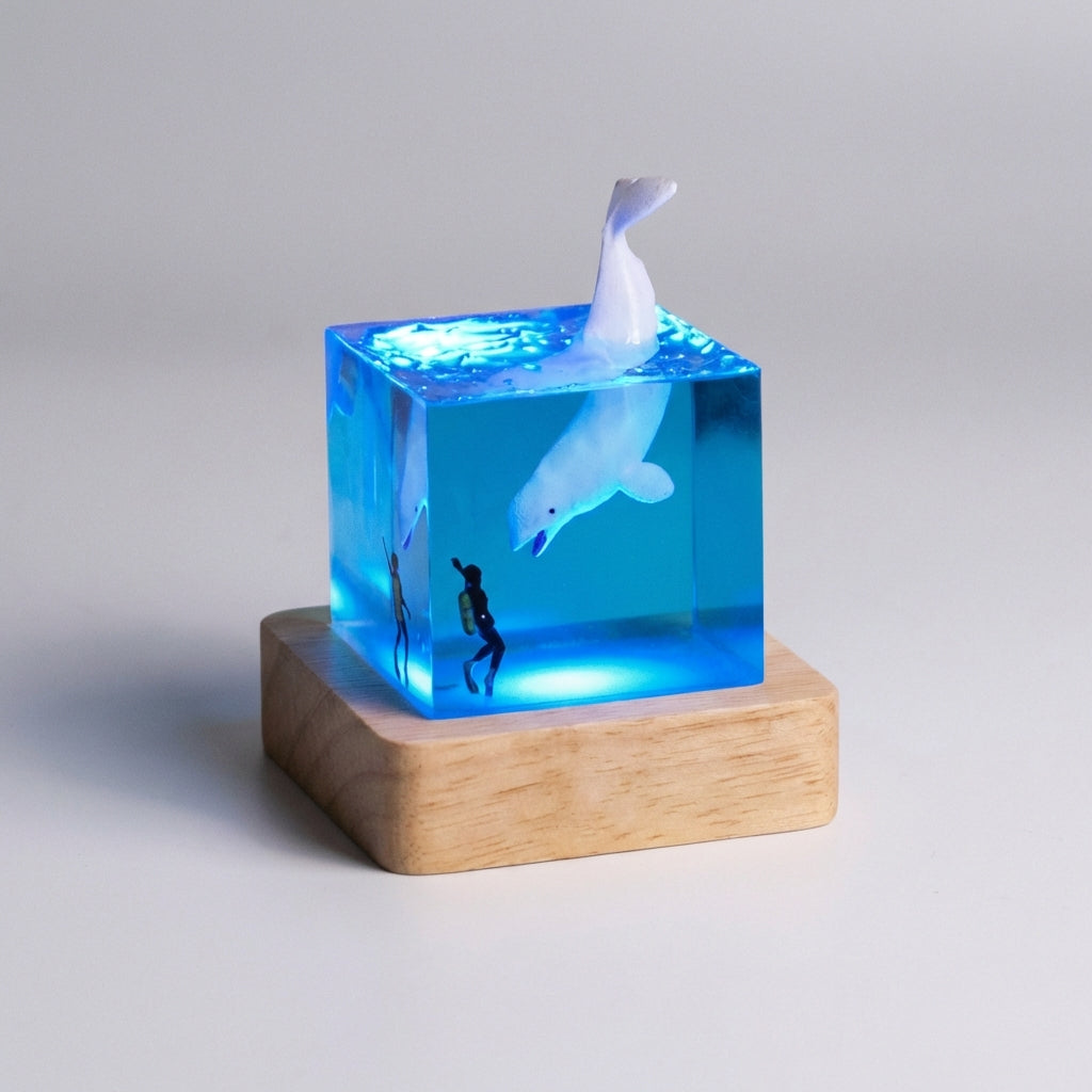 Decorative Aquareve table lamp, detailed miniature nature scene, warm LED ambient light, elegant wood base.