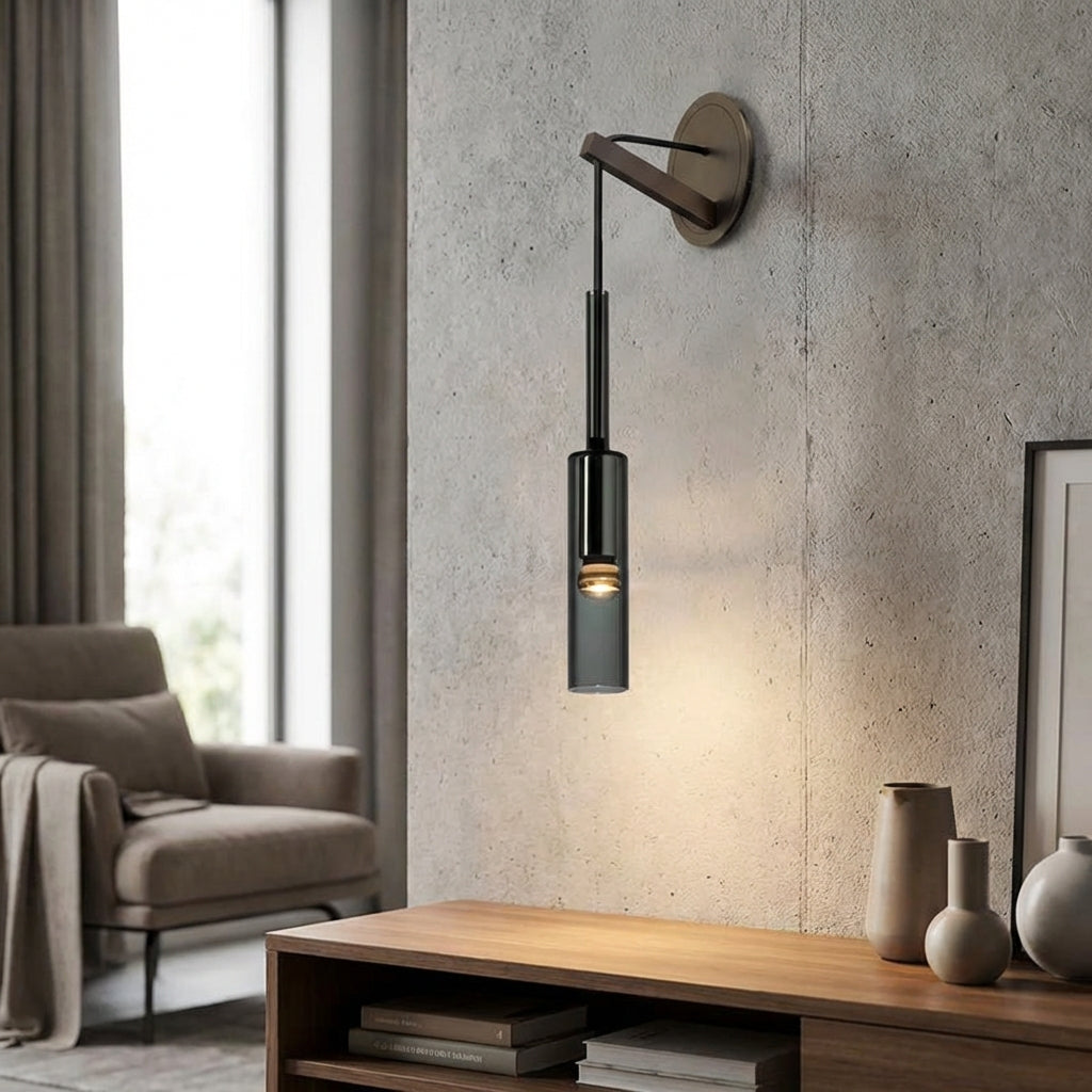 Minimalist smoked glass wall light, conical shade, black fixture, modern LED lighting for home decor