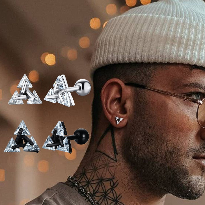 Minimalist sterling silver triangle stud earrings, perfect for unisex everyday elegance. Simple geometric design.
