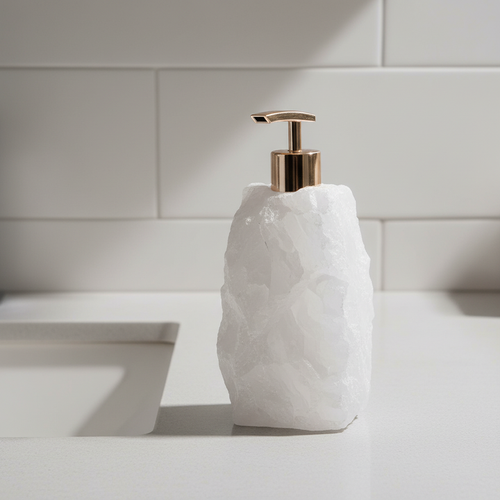 Minimalist stone countertop soap dispenser, perfect for modern bathroom decor.