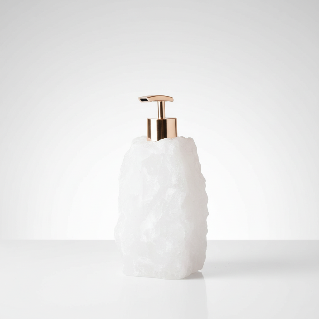Compact granite-look soap dispenser for bathroom sinks, enhancing a clean aesthetic.