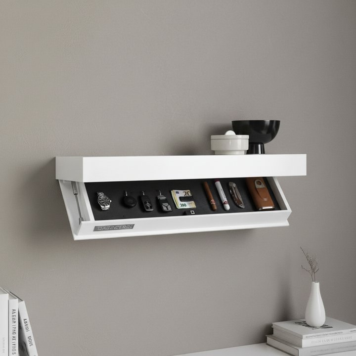 Minimalist white floating wall shelf with hidden storage for modern home organization