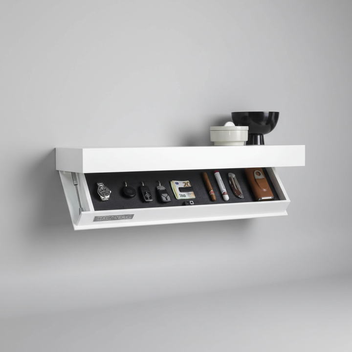 Elegant floating shelf with hidden storage, ideal for decluttering and home organization