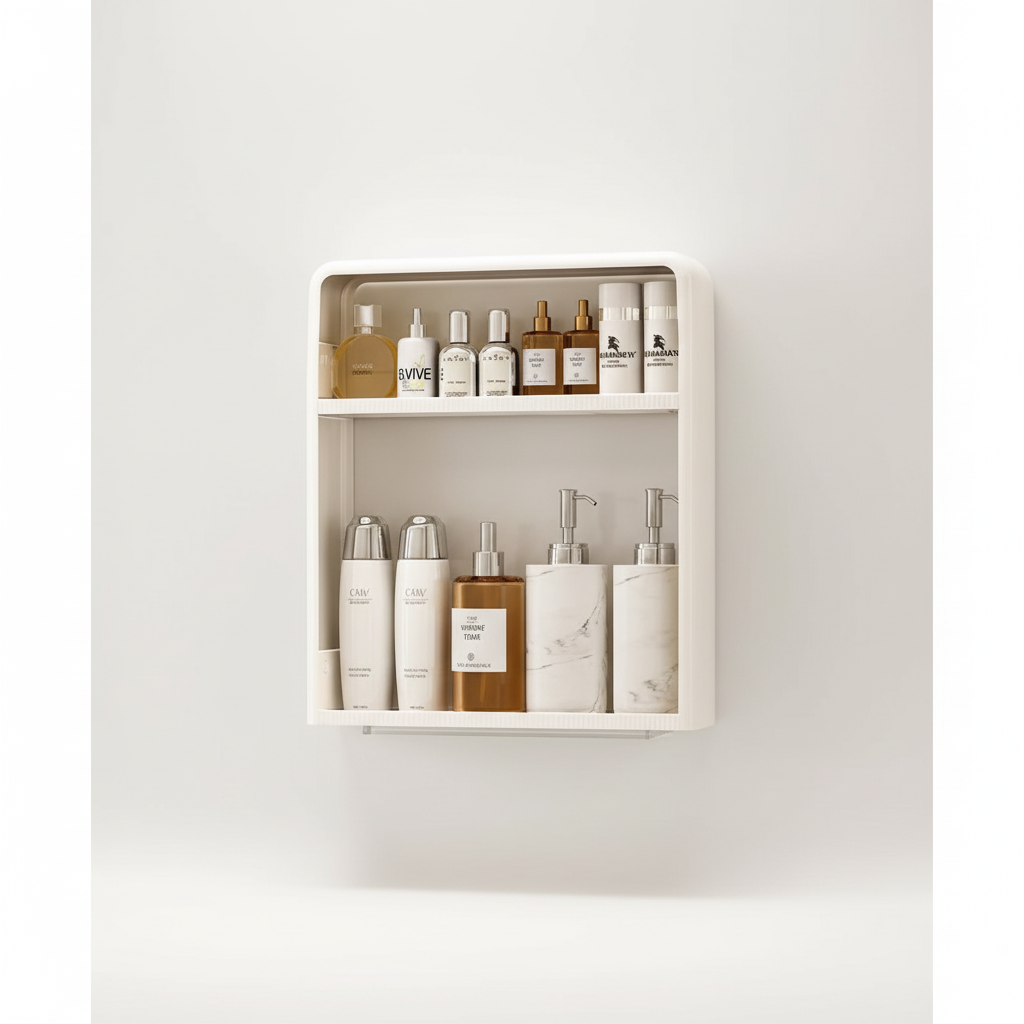 Plastic wall mount bathroom shelf in minimalist design, organizing toiletries, water-resistant.
