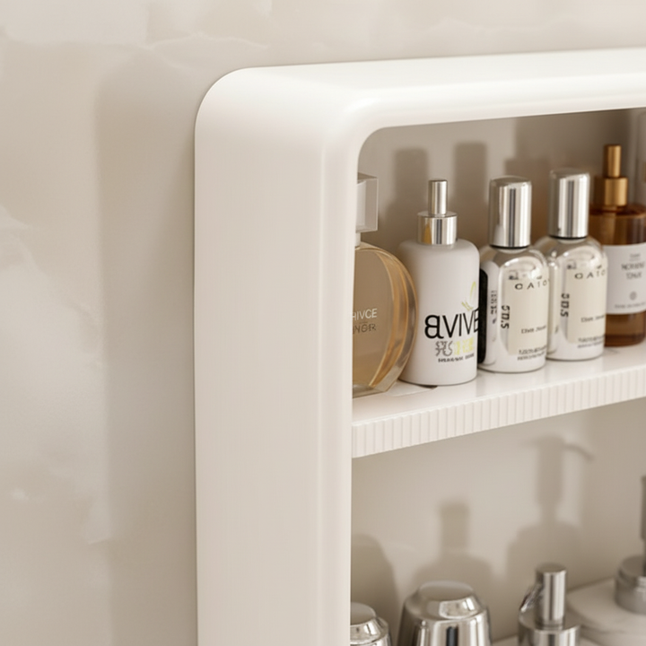 Close-up of minimalist plastic storage organizer for bathrooms, showing no-drill adhesive.