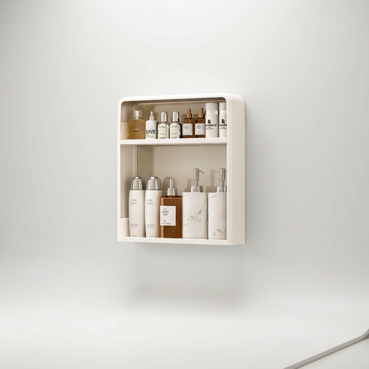 White minimalist bathroom wall shelf, neatly holding shampoo and soap, ideal home organization.