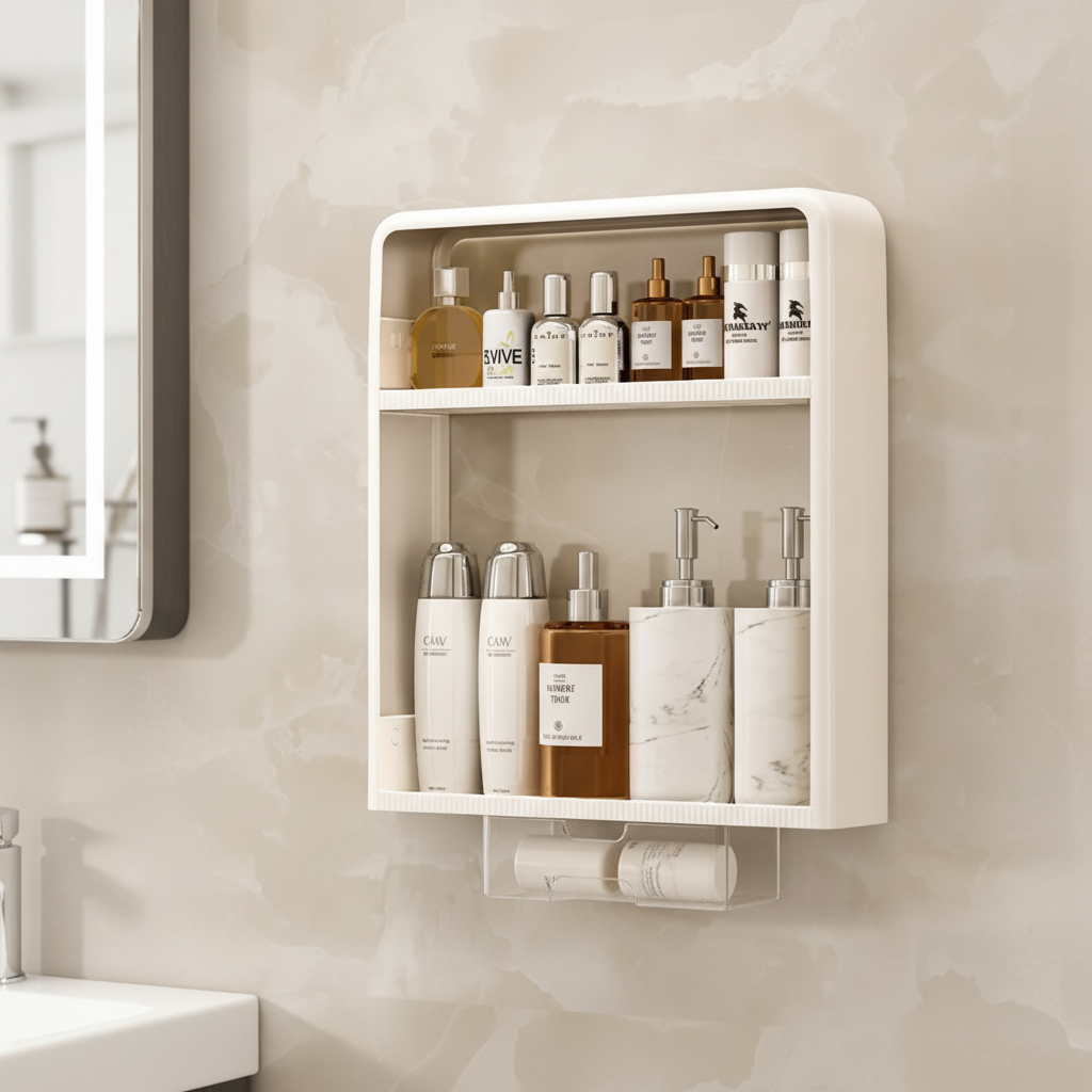 Minimalist white plastic wall mount bathroom shelf for neat storage without drilling