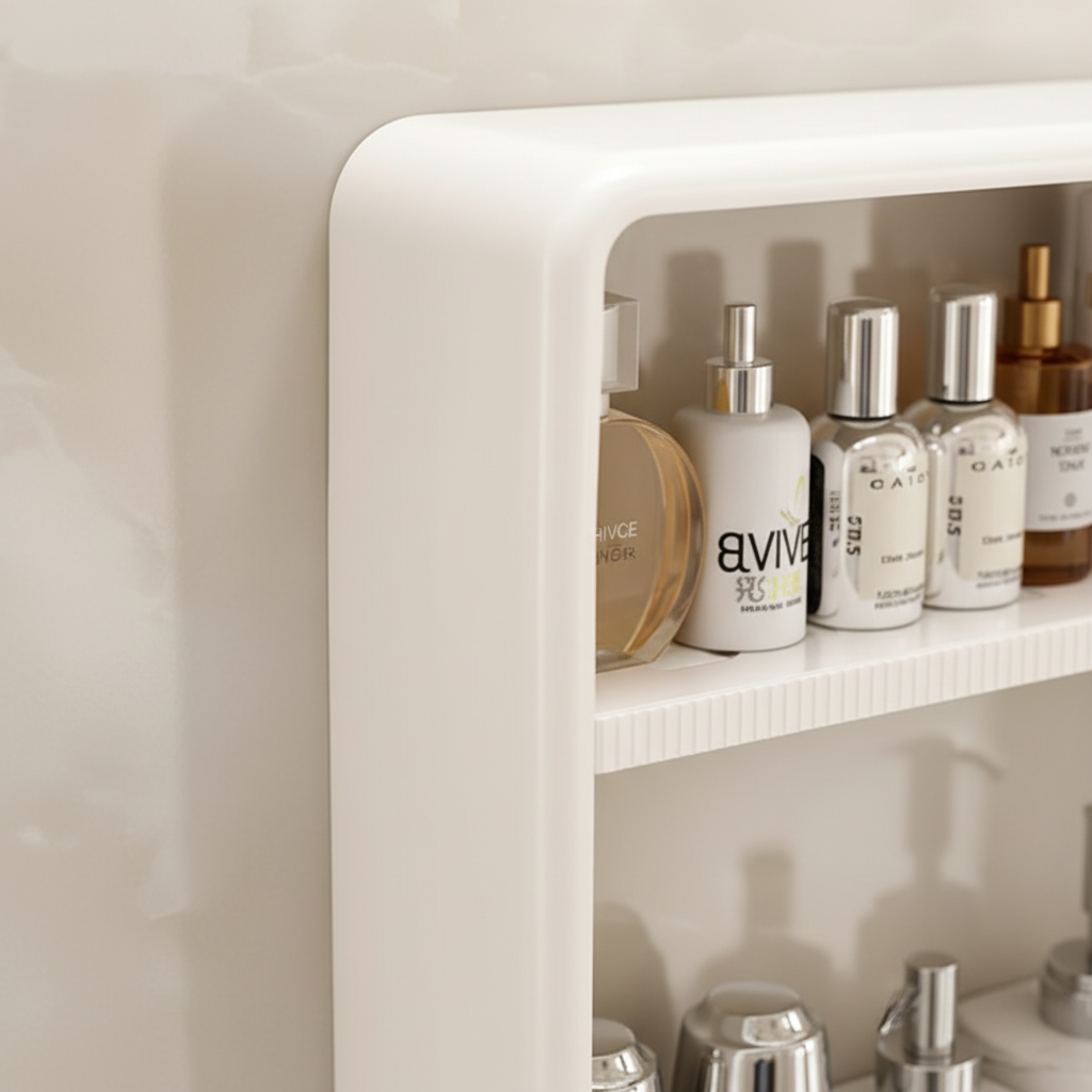 Modern minimalist plastic bathroom shelf in white, perfect for space-saving home organization