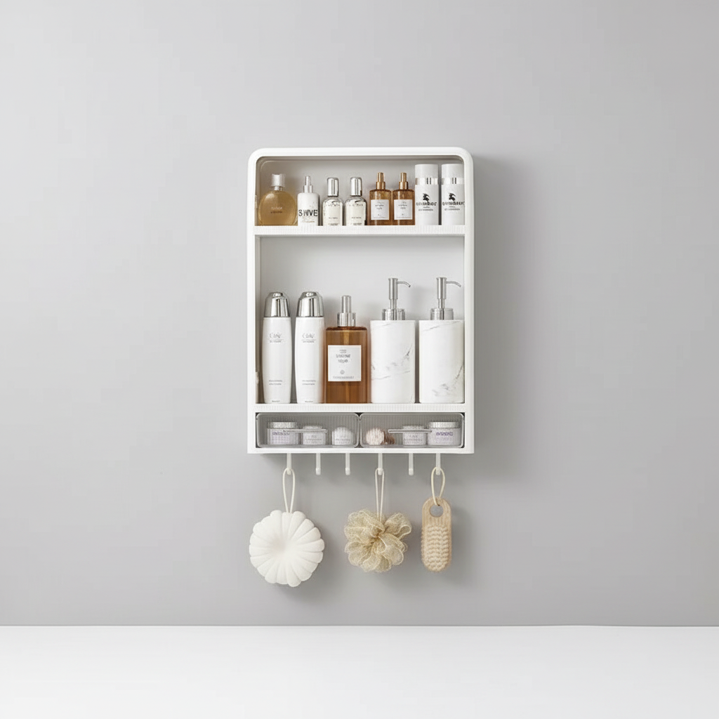 Clean white plastic minimalist shelf for bathroom, secure adhesive wall mount