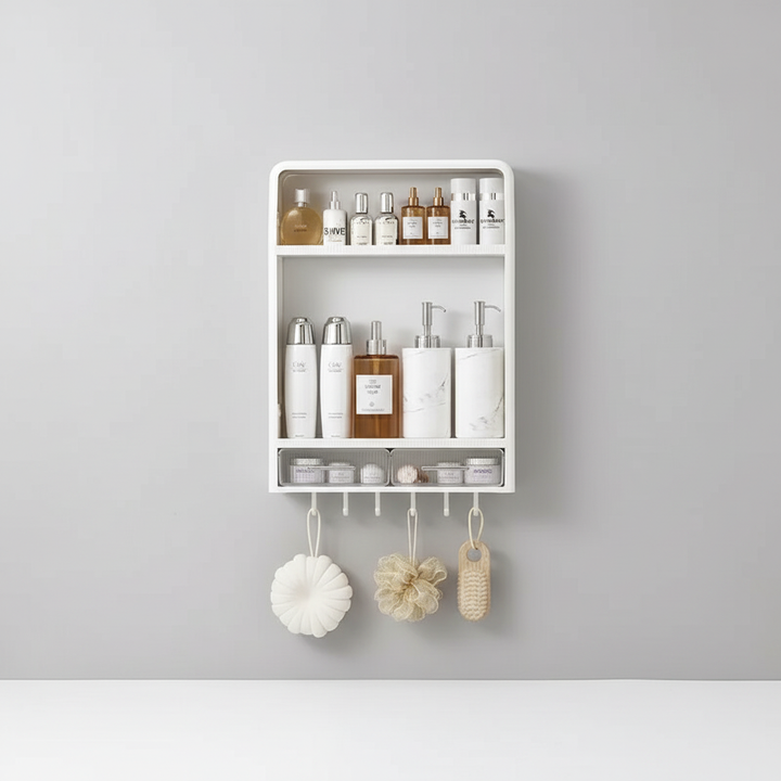 Clean white plastic minimalist shelf for bathroom, secure adhesive wall mount
