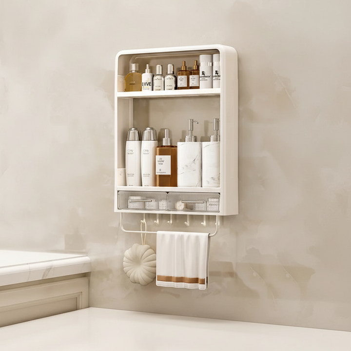 Bathroom organizer shelf, water-resistant plastic, easy no-drill wall mounting