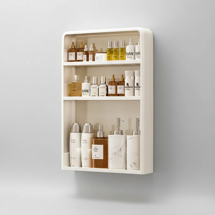 Streamlined minimalist bathroom storage, adhesive wall shelf for toiletries