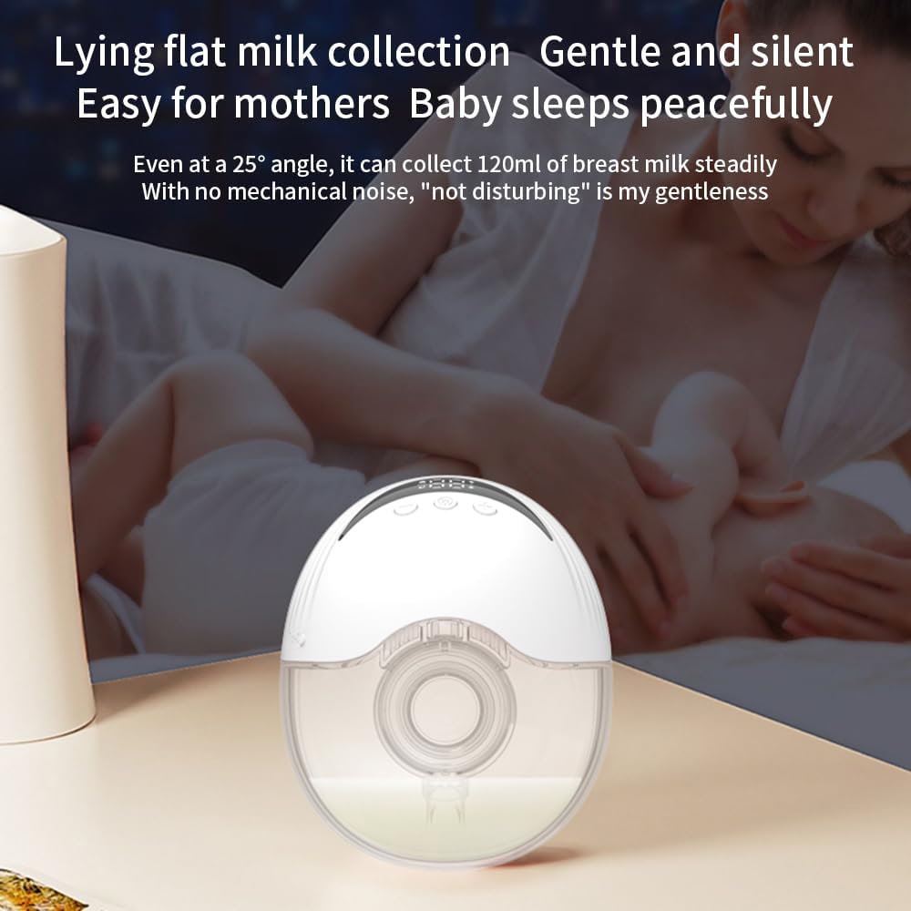 Mirava hands-free pump on a nightstand, depicting convenient overnight pumping with LED display