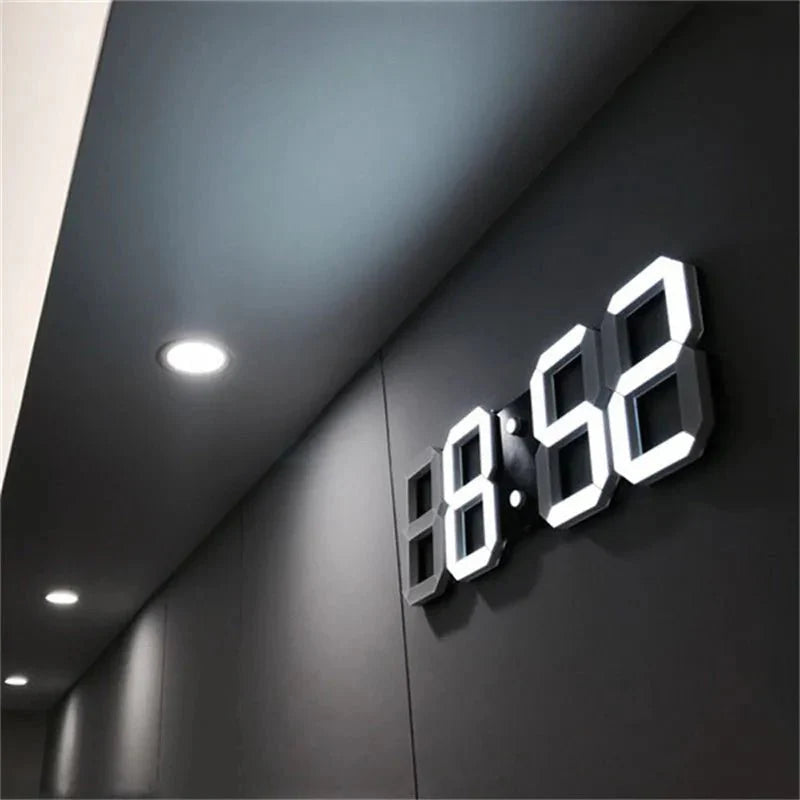 Modern 3D LED dimmable wall clock, sleek digital design for contemporary home decor.
