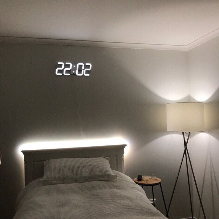 Modern large 3D LED wall clock, dimmable & digital, perfect for a statement in any room.