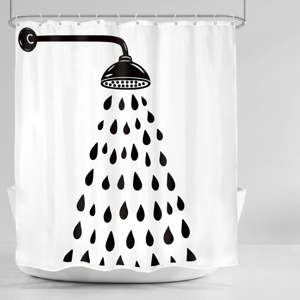 Waterproof polyester shower curtain with a minimalist raindrop design, perfect for contemporary bathrooms