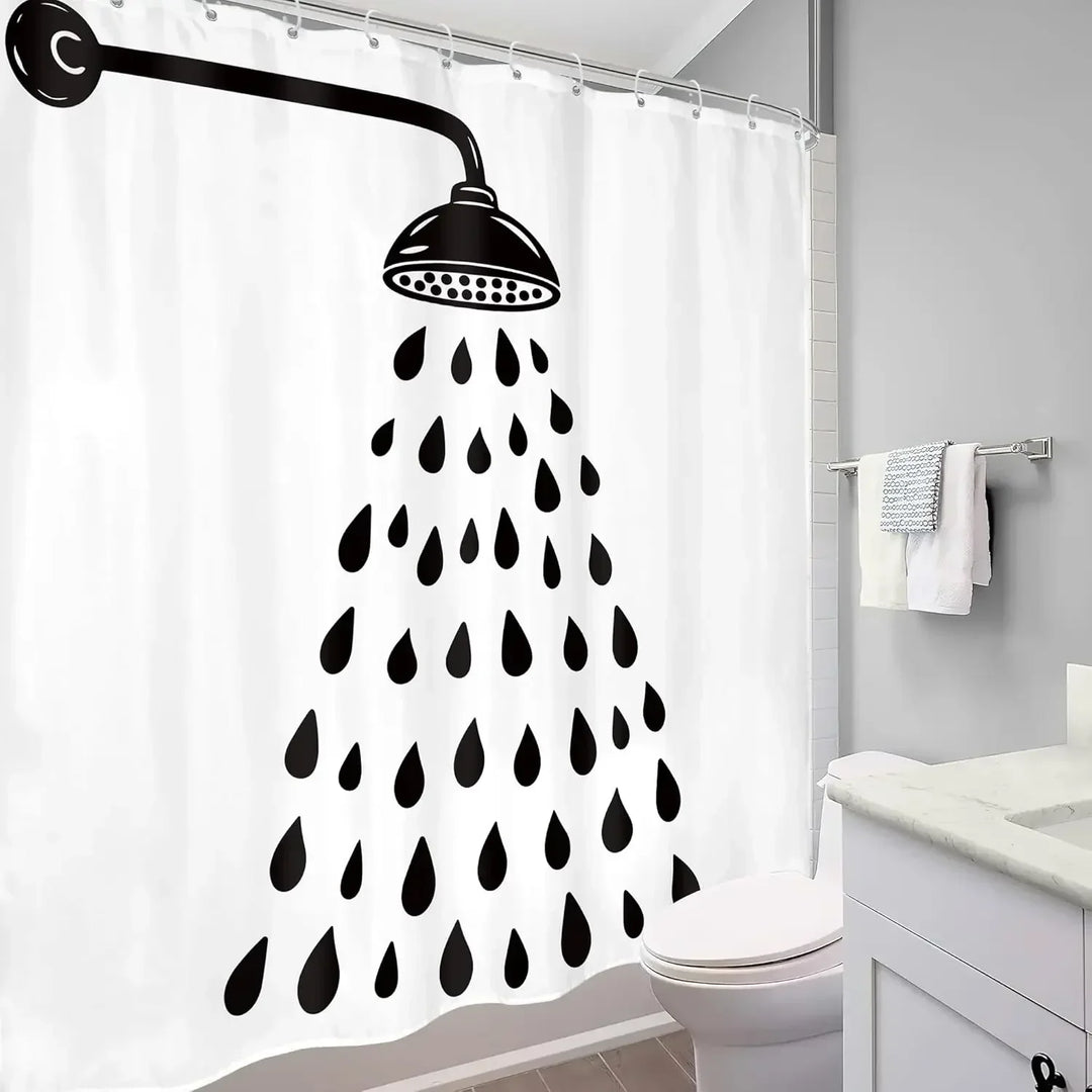Minimalist black and white raindrop pattern shower curtain, waterproof polyester for elegant bathrooms
