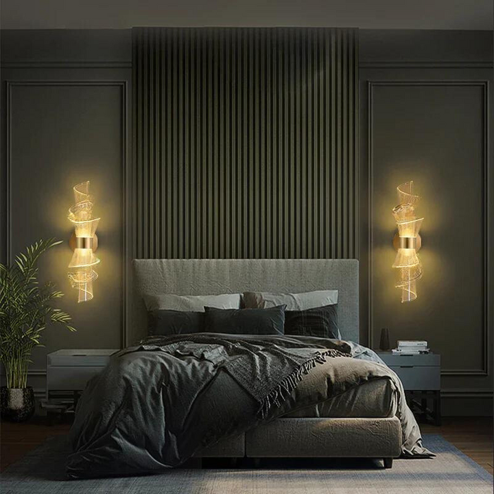 Close-up of Aurellis modern LED wall lamp showing textured acrylic light panel and chrome base